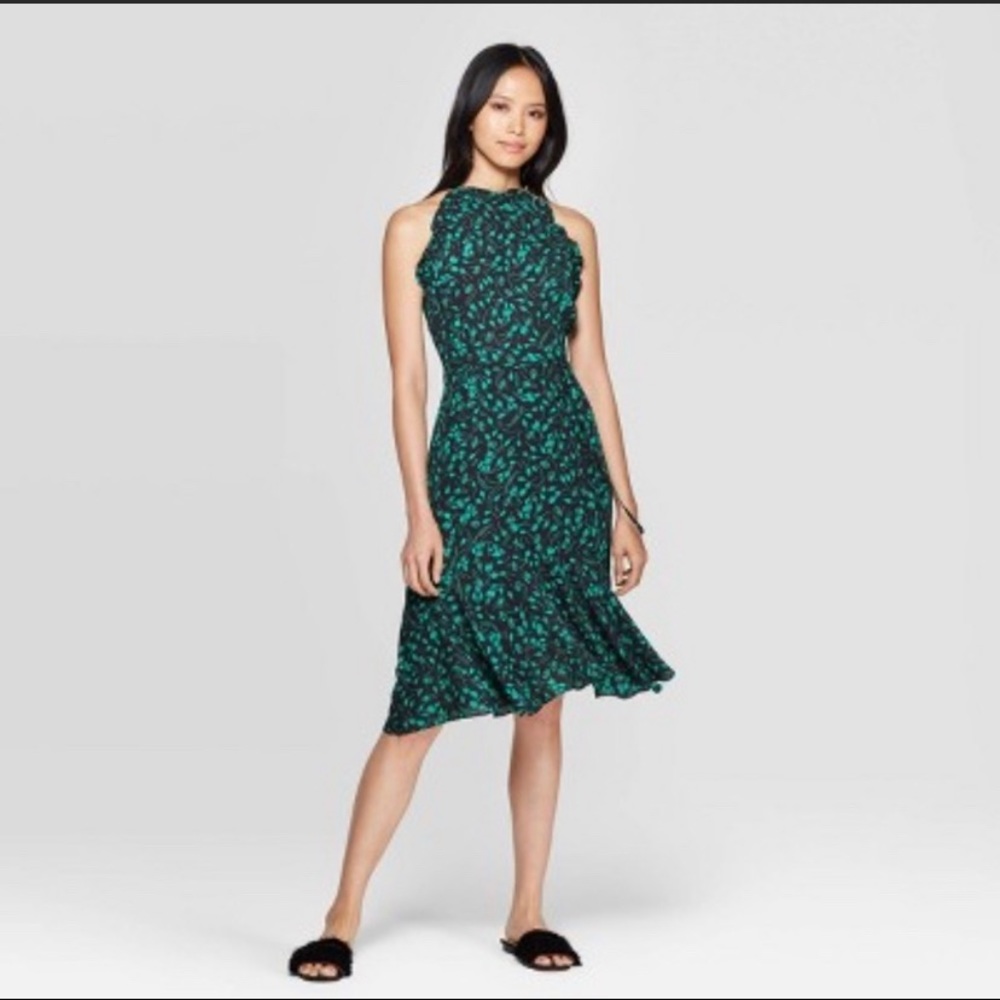 Who What Wear | Green Black Patterned Midi Dress